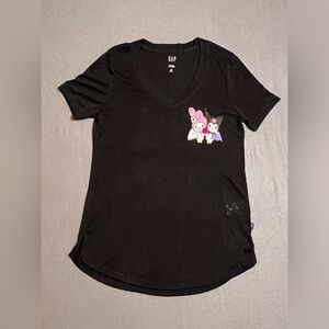 XS GAP Black burnout v neck T shirt w/My Melody & Kuromi added